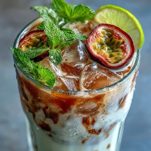 Frosted glasses filled with vibrant DIY Iced Guava Passionfruit Drink, garnished with fresh mint and lime wedges.