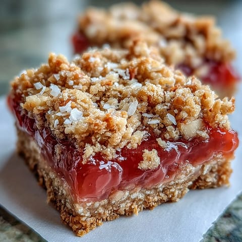 Thick, sweet guava jam oozes from layered Guava Jam Bars, topped with crunchy coconut and macadamia nut crumble.