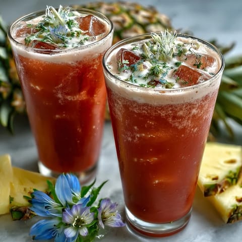 Chilled glasses of Iced Guava Passionfruit Drink topped with pineapple wedges and edible flowers.