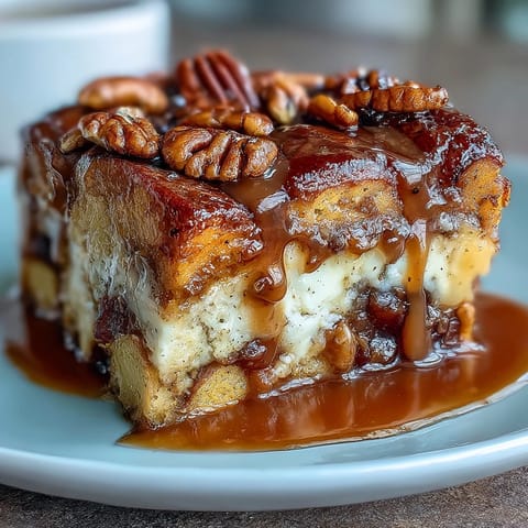 A close-up of Guava Caramel Bread Pudding with Pecans reveals a moist, custardy interior with chunks of guava paste and chopped pecans on top. 