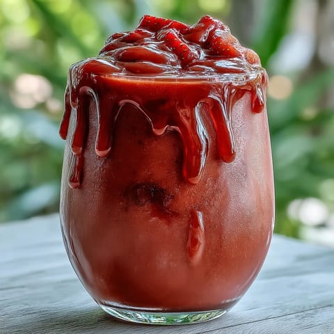 A glass of Guava Juice Smoothie with creamy yogurt and honey, topped with fresh mango and strawberries.