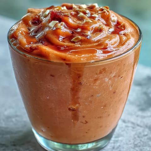 Bright pink Guava Juice Smoothie served over ice with a tropical fruit garnish and honey drizzle.