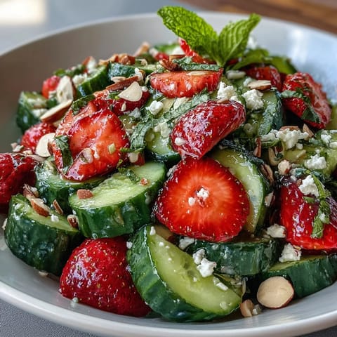 Crisp cucumber and juicy strawberries tossed with fresh mint in a light spring salad, perfect for a refreshing side dish.  