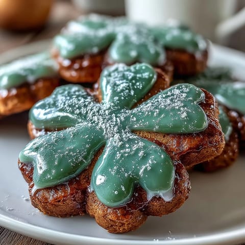 Festive shamrock-shaped sugar cookies decorated with bright green royal icing for St. Patrick's Day.
