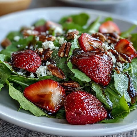 Spring dinner party salad featuring sweet strawberries, peppery arugula, and a rich balsamic reduction.  