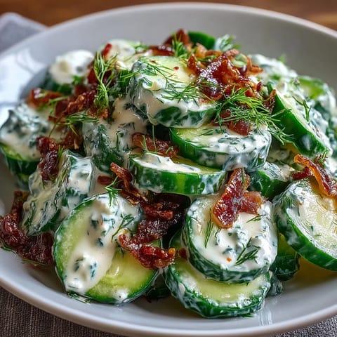 Creamy Cucumber Salad with Dill and Greek Yogurt: A cool, refreshing dish with crisp cucumbers in a tangy yogurt dressing, perfect for summer picnics.