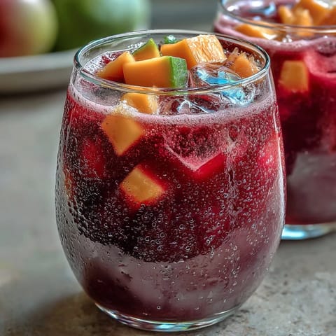 Refreshing mango dragonfruit refresher with vibrant pink swirls and tropical fruit cubes, perfect for a sunny afternoon treat.