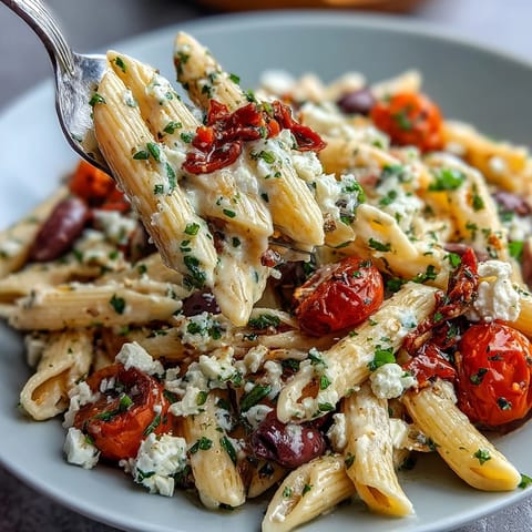 A refreshing Mediterranean pasta salad featuring briny olives, creamy feta, and crisp veggies for a satisfying bite.  