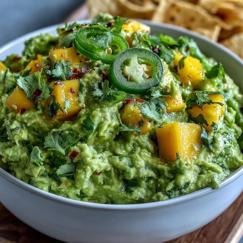 Easy Cinco de Mayo Guacamole with Mango and Jalapeño, a creamy avocado dip with sweet mango chunks and spicy jalapeño slices, served with crispy tortilla chips.