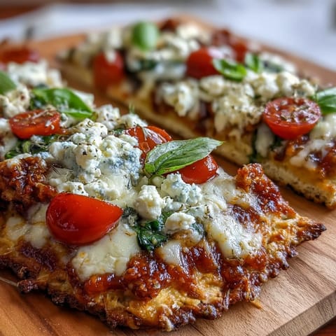 Wholesome cottage cheese flatbread pizza with melted mozzarella, fresh tomatoes, and basil, baked to golden perfection for a protein-packed meal.