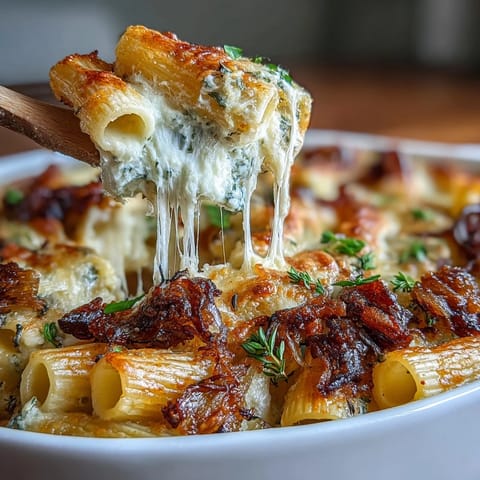 Warm French onion pasta bake with caramelized onions, creamy sauce, and golden Gruyère crust bubbling in the oven.