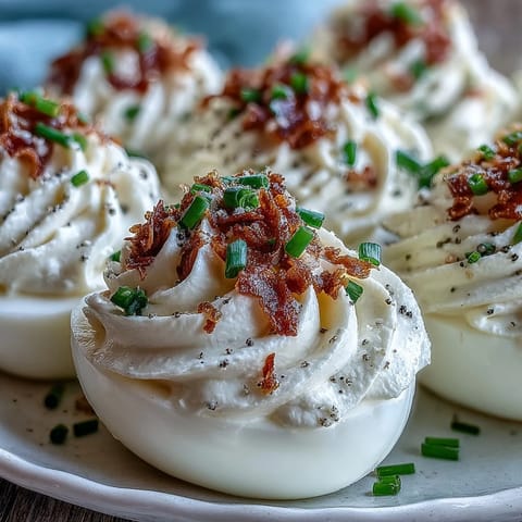 Everything bagel deviled eggs with creamy filling and savory topping.