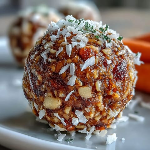 Close-up of three Carrot Cake Bliss Balls lightly coated in coconut.
