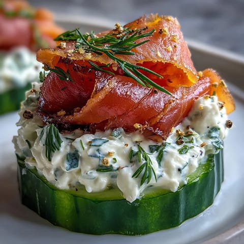 Elegant smoked salmon cucumber bites with creamy dill cheese, a refreshing appetizer.