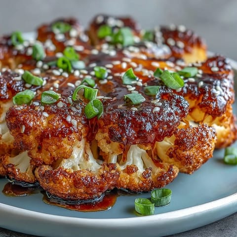 Golden Teriyaki Cauliflower Steaks glazed, ready for a delicious vegetarian dinner.