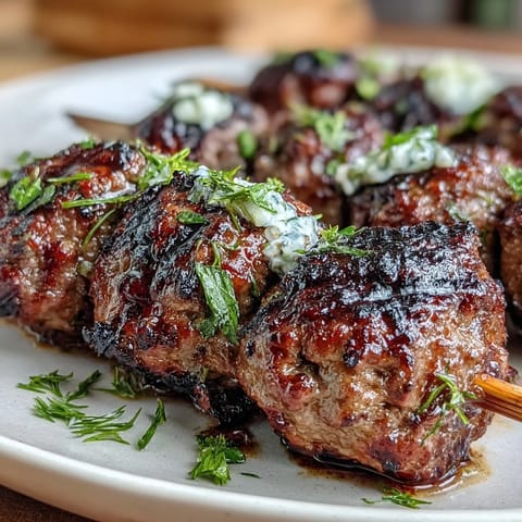 Juicy grilled lamb kofta skewers with creamy, cooling homemade tzatziki sauce.