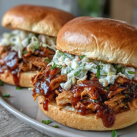 Smoky vegan BBQ pulled jackfruit filling overflowing a bun with coleslaw.