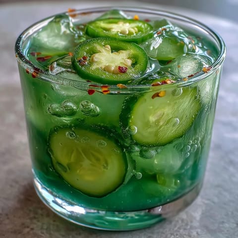 Tangy pickle margarita mocktail garnished with fresh lime and crisp pickle spear.