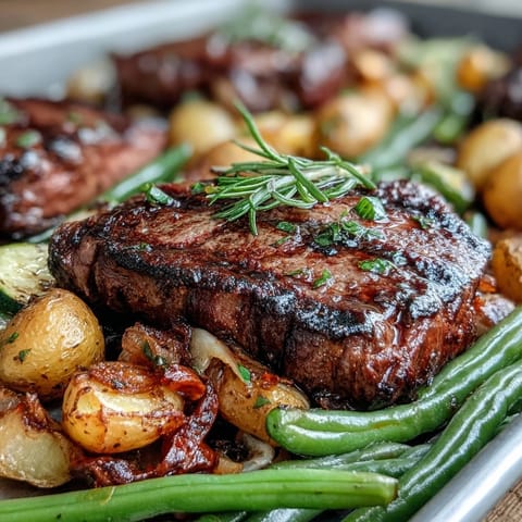 Golden potatoes and perfectly cooked steak on a Father's Day sheet pan dinner.