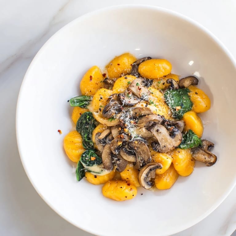 A close-up of creamy One-Dish Mushroom and Spinach Gnocchi, ready for a comforting Italian dinner.