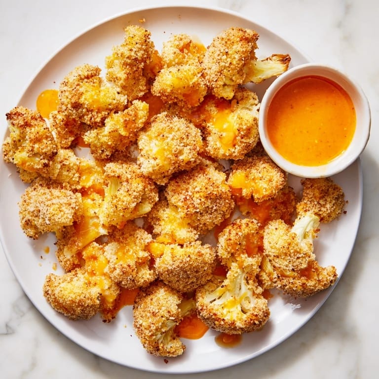 Close-up of perfectly crisp Air-Fryer Buffalo Cauliflower Bites, coated in zesty buffalo sauce.