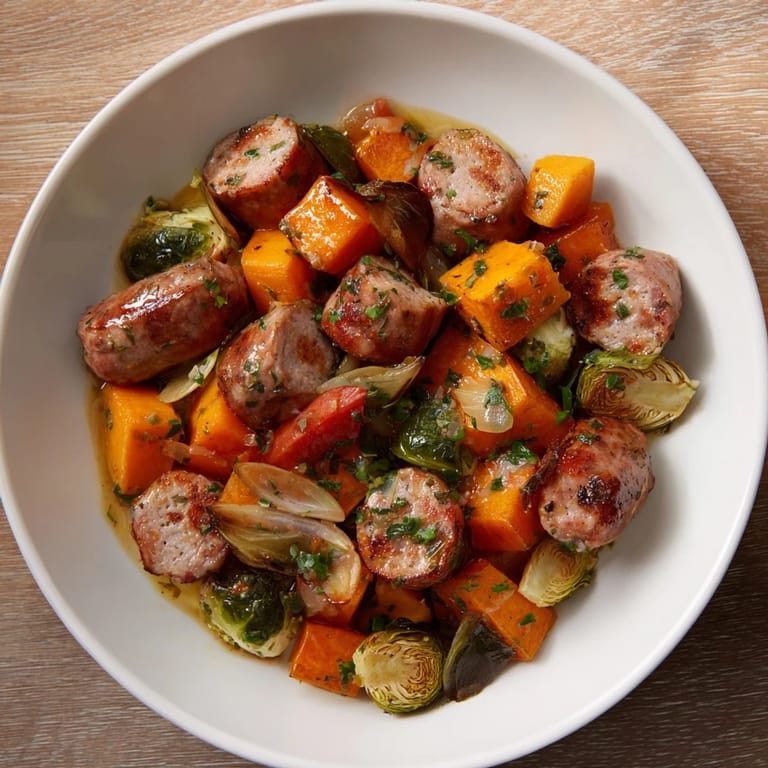 Tender vegetables and savory sausages in a delicious Hearty Sheet Pan Sausage and Autumn Veggie Medley.