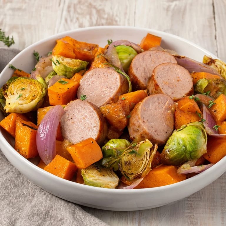 Golden-brown, roasted sausage and veggies make up this inviting Hearty Sheet Pan Sausage and Autumn Veggie Medley dinner.
