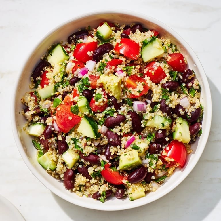 Hearty quinoa and black bean salad, bursting with flavor, showcasing a healthy vegetarian meal.