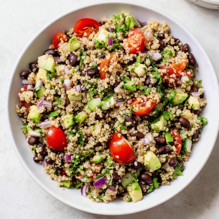 Chilled, refreshing quinoa and black bean salad with avocado and fresh cilantro, ready to eat.