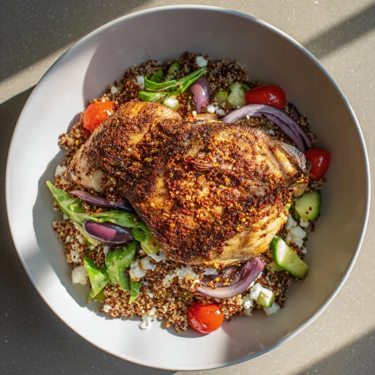 A healthy Mediterranean Grain Bowl showcases crispy roasted chickpeas and fresh, colorful ingredients ready to eat.