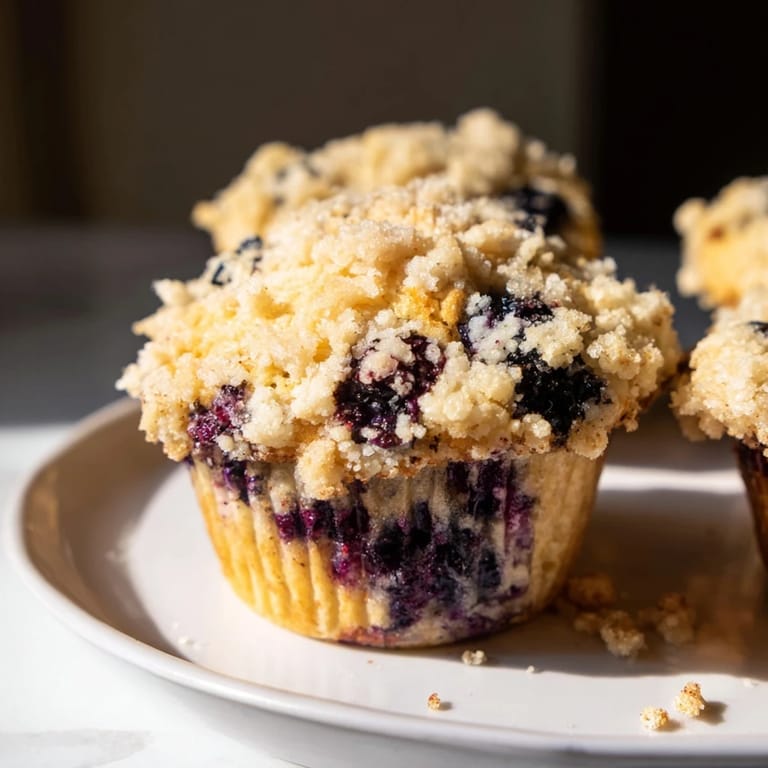 A close-up of warm, delicious homemade blueberry muffins featuring a crunchy streusel topping.