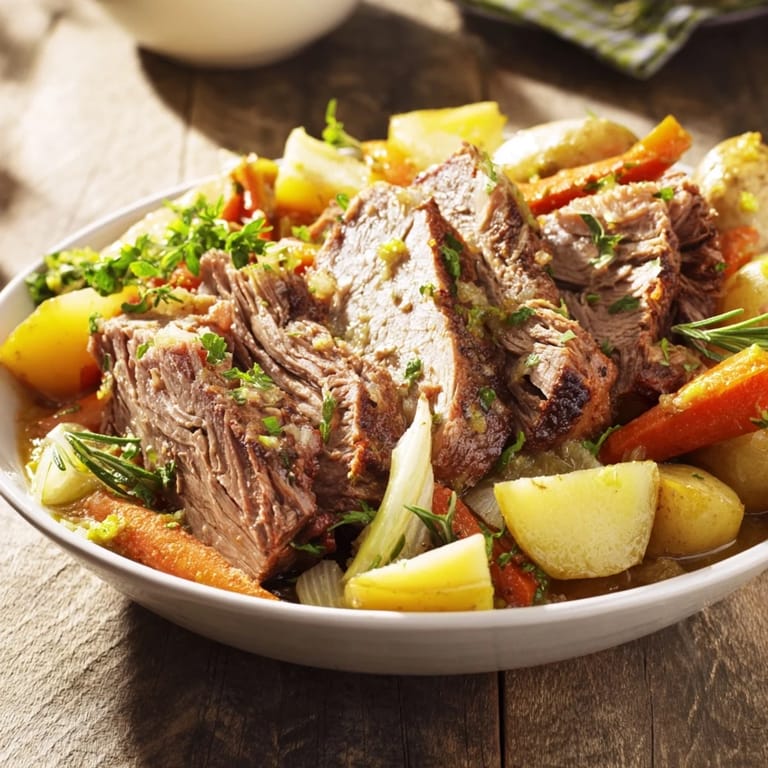 This Slow-Roasted Beef Pot Roast features a delicious medley of beef and tender vegetables, ready to eat.