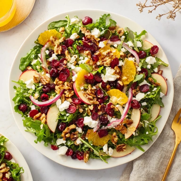 This colorful Seasonal Cranberry and Walnut Celebration Salad, tossed with orange vinaigrette, is a tasty vegetarian dish.
