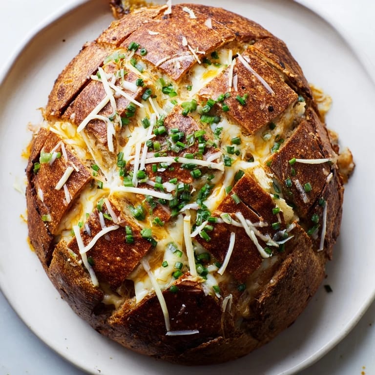A close-up of a warm, cheesy Cheesy Garlic Pull-Apart Bread, showcasing bubbling cheese and herbs.