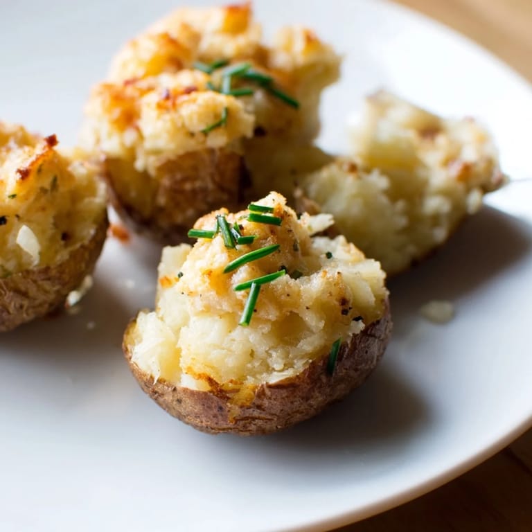 Close-up of savory Loaded Sweet Potato Skins with melted cheese, bacon crumbles, and green chives.