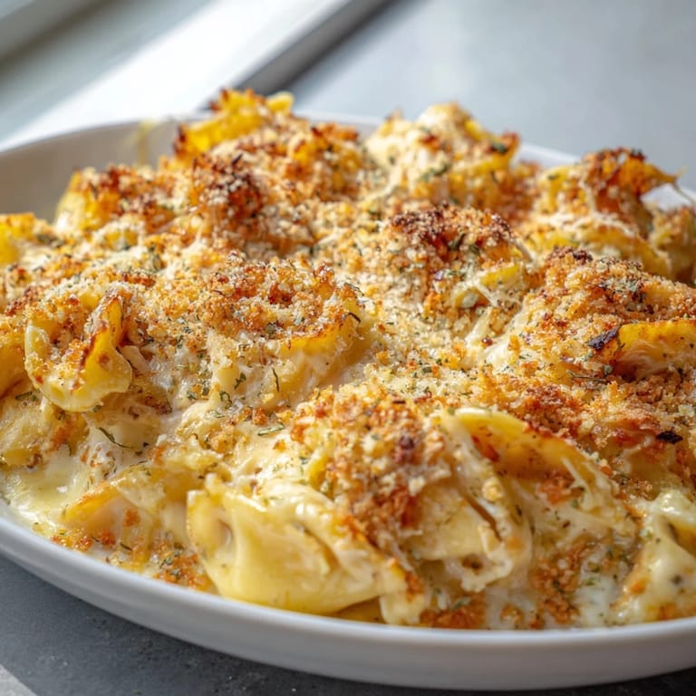 A bubbling, creamy oven-baked macaroni and cheese, with a hint of garlic and a cheesy aroma.