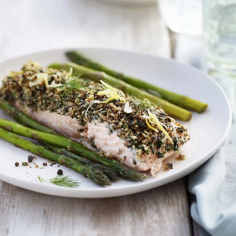 Close-up of baked Easy Herb-Crusted Salmon, showing flaky texture, alongside bright green roasted asparagus.