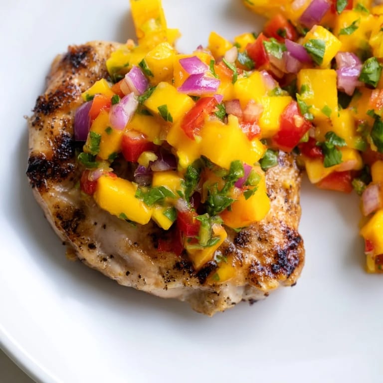 Fresh Grilled Mango Salsa Chicken with a vibrant, flavorful mango and pepper topping, ready to eat.