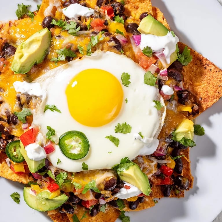 Golden, bubbly Egg-Topped Breakfast Nachos with sunny-side-up eggs, cilantro, and creamy avocado, ready to eat.