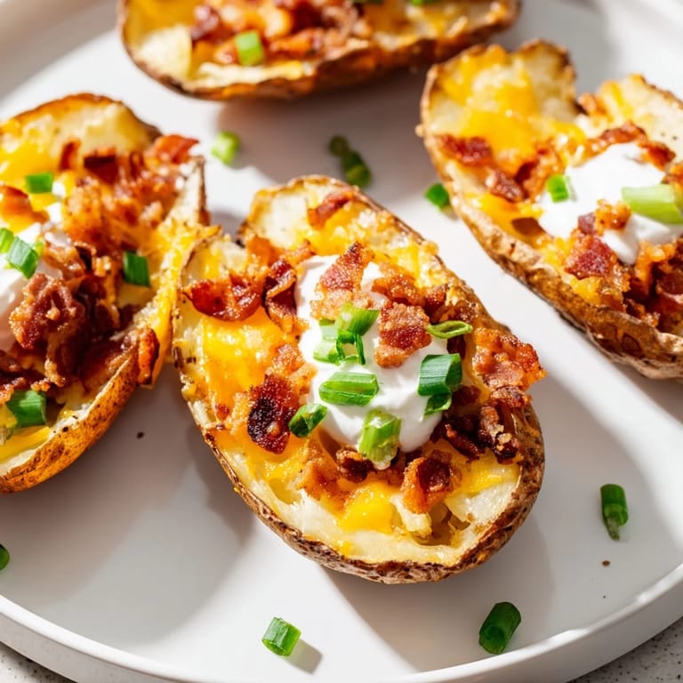 A close-up of delicious loaded baked potato skins, perfect appetizer with creamy sour cream.