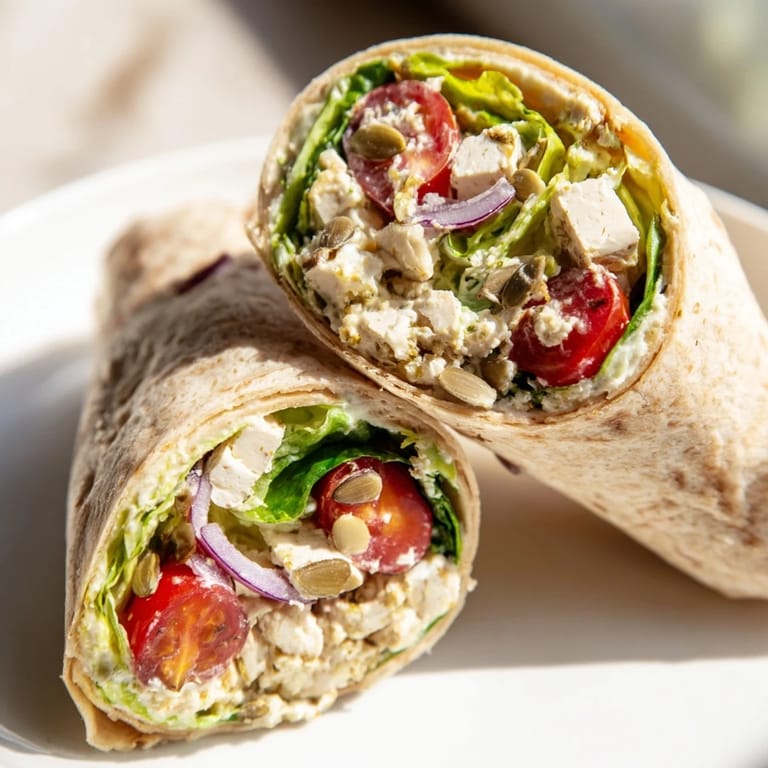 Golden toasted High-Protein Chicken-less Caesar Wrap, stuffed with vibrant vegetables, providing a healthy meal.