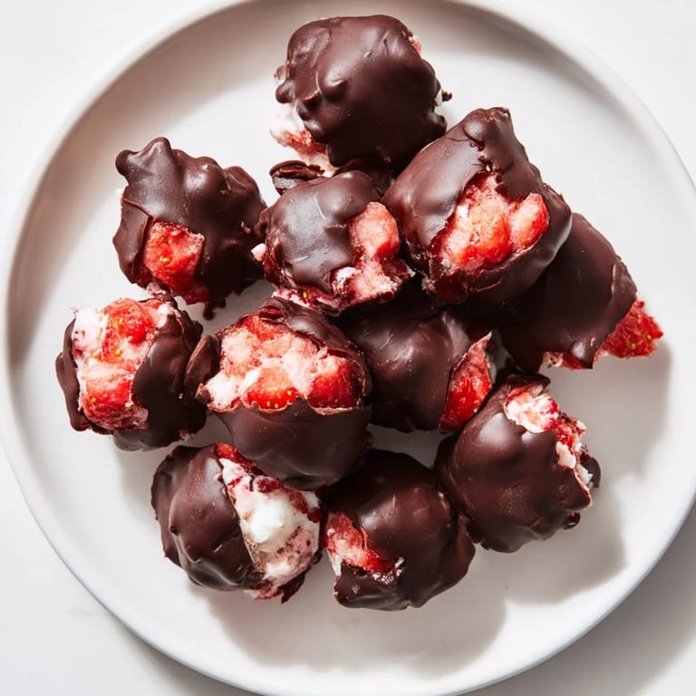 A close-up reveals luscious Strawberry Yogurt Clusters, an easy dessert recipe with fresh strawberries and Greek yogurt.