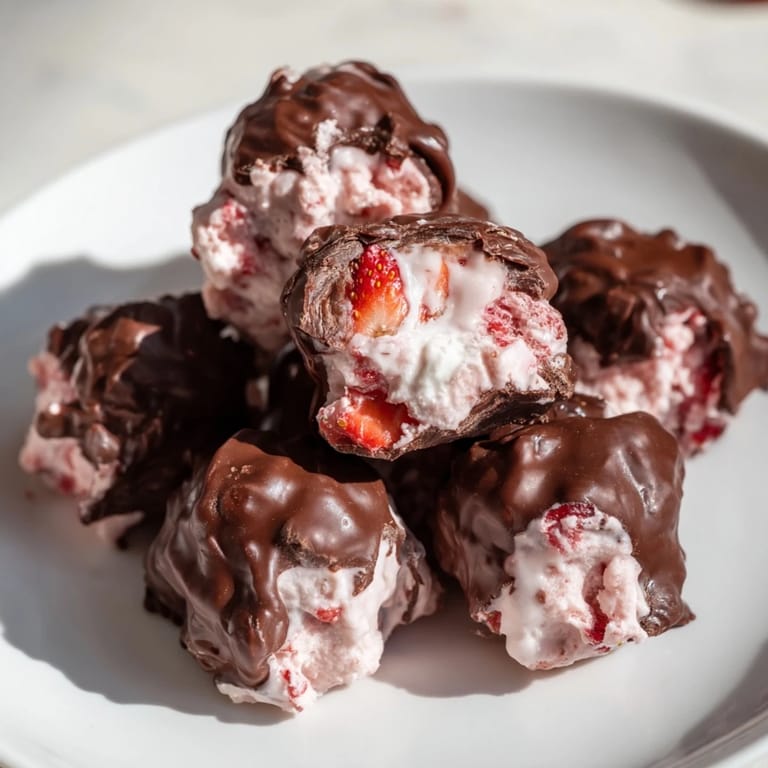 Sweet chocolate coating glistens around frozen, vibrant Strawberry Yogurt Clusters, ready to satisfy any sweet tooth.