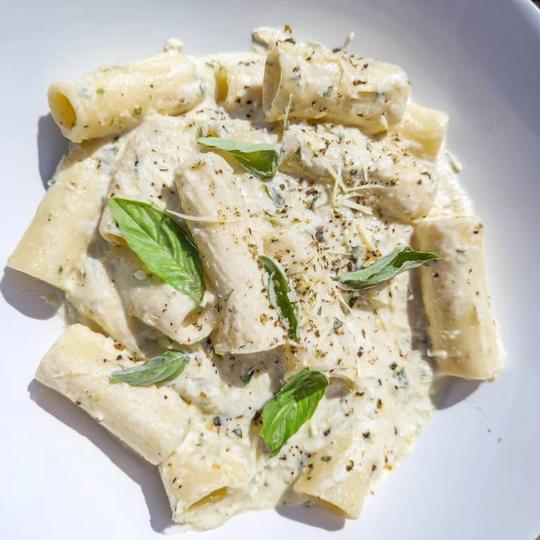 This vibrant photo shows creamy cottage cheese pasta, ready to eat, with a sprinkle of red pepper flakes.