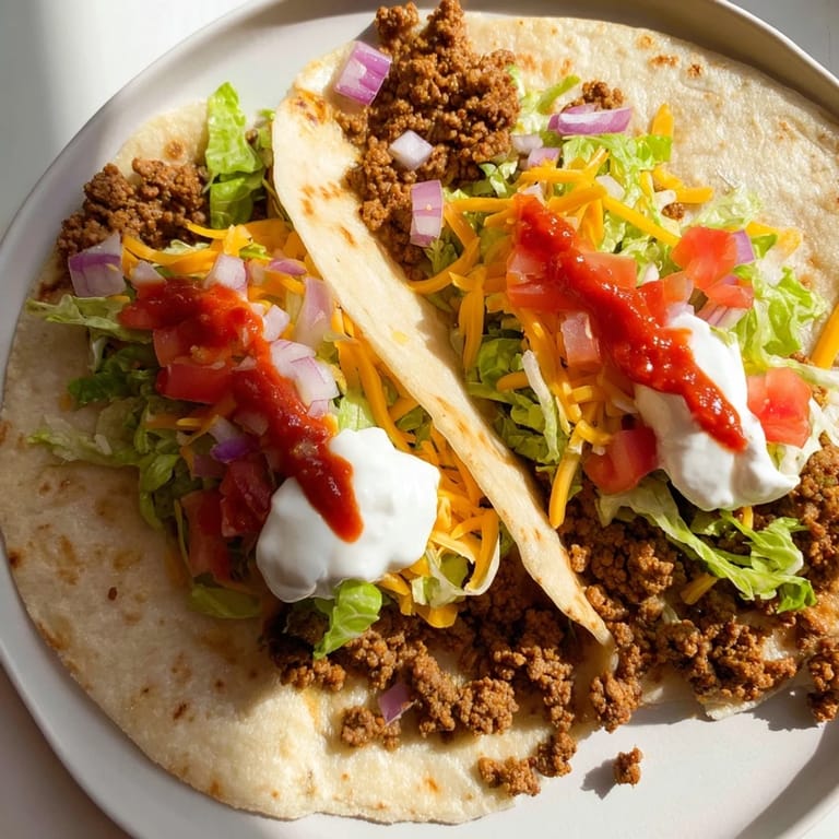 Perfectly seared crispy smash tacos, with melted cheese oozing over smashed, seasoned ground beef.