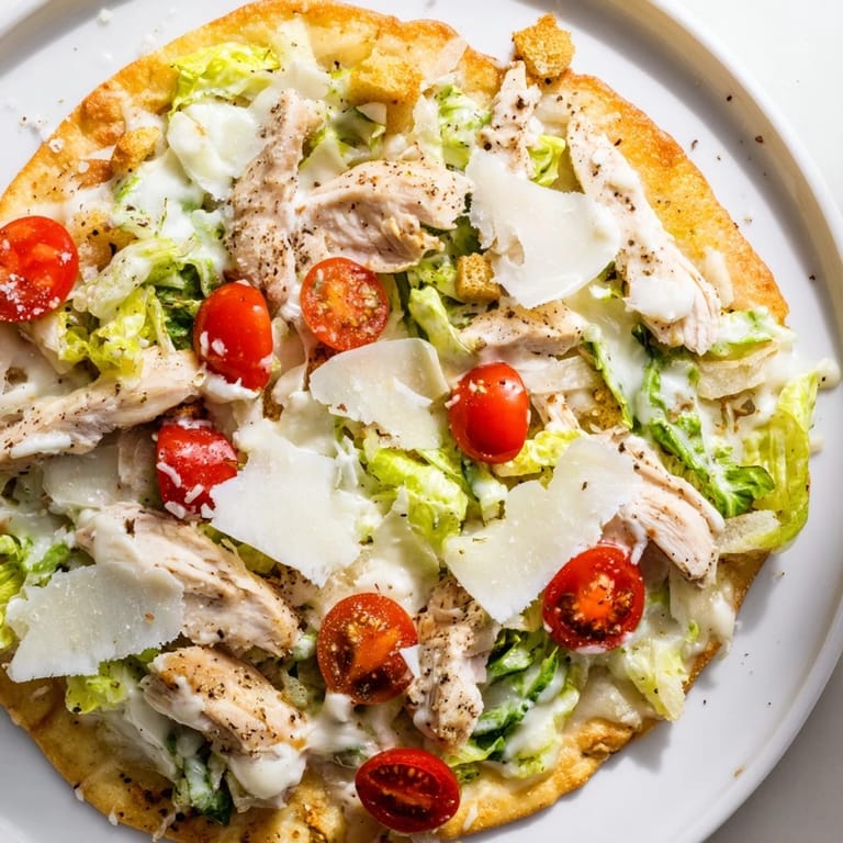 Delicious Chicken Caesar Flatbread with melted mozzarella and perfectly grilled chicken slices.