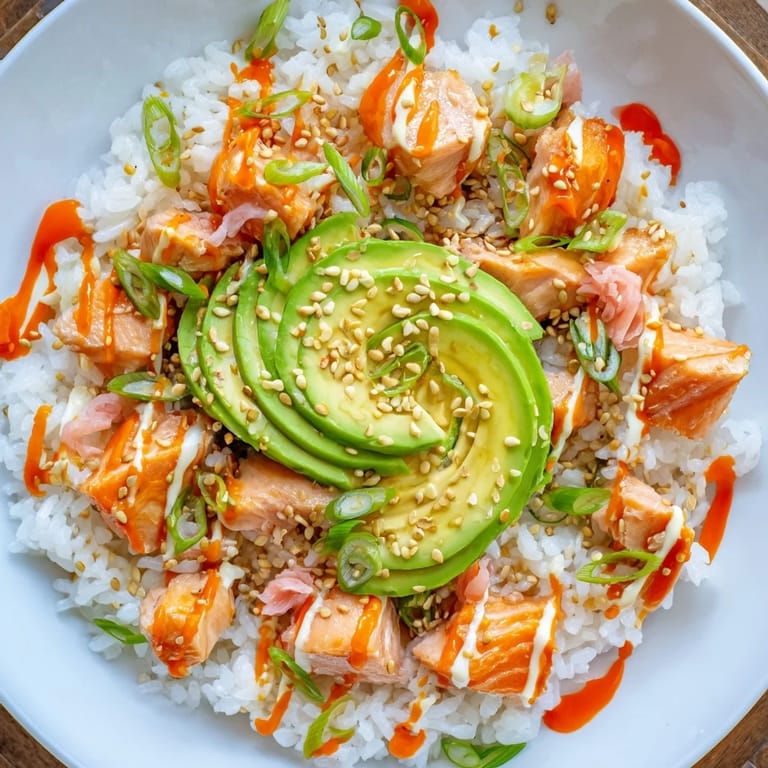 Enjoy a quick taste! This Classic Salmon Rice boasts a colorful mix—avocado, nori, and the flaked fish.