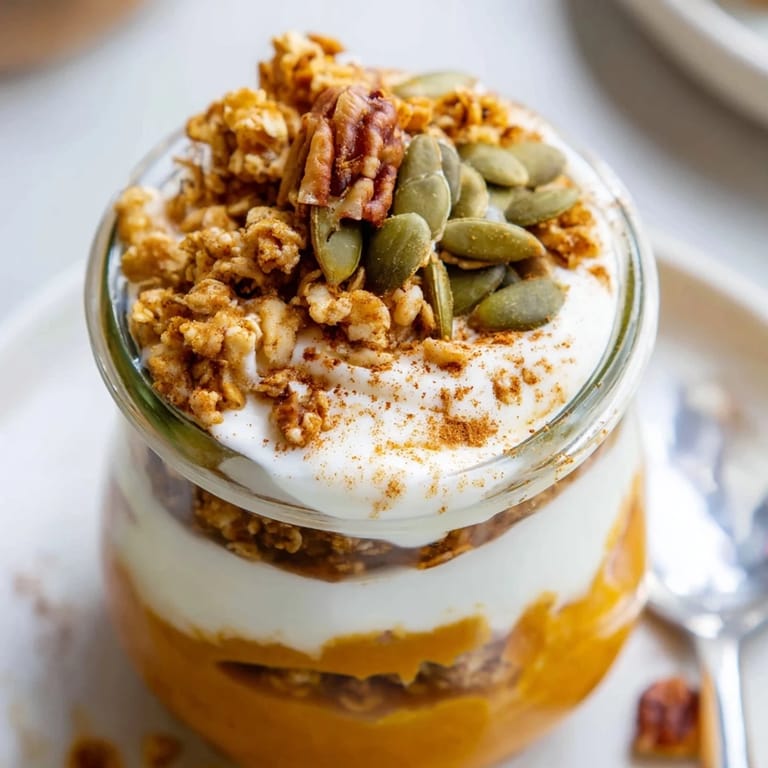 The creamy Pumpkin Yogurt Parfait layers look delicious, showcasing pumpkin puree and honeyed Greek yogurt.