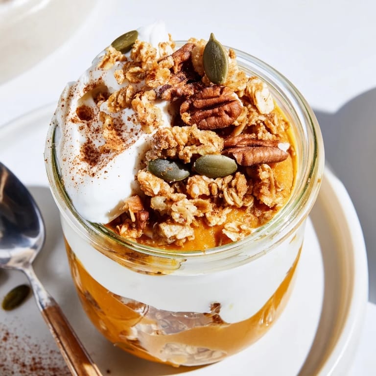 A beautifully arranged Pumpkin Yogurt Parfait, perfect for a quick, healthy snack, with a cinnamon garnish.