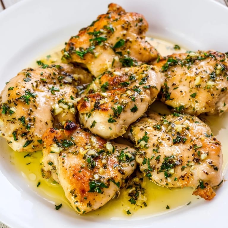 Close-up of succulent Garlic Butter Chicken Bites, swimming in a rich, buttery, garlicky sauce.